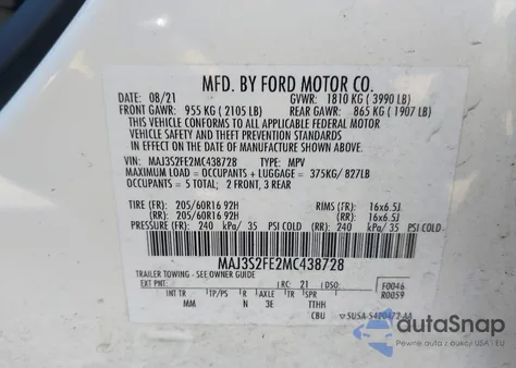 2021 Ford Ecosport S из США, поврежденный, VIN MAJ3S2FE2MC438728